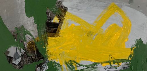 Bright Rocks  20 x 40 cms   Acrylic and coloured pencil on wooden panel in bespoke white frame.   A rectangular gestural abstract painting. Wider than it is high. A bright yellow area dominates this painting with green and black brushstrokes surrounding the yellow and the pale grey background.